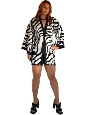 To The Moon & Sun Zebra Desen Keten Kimono Ceket