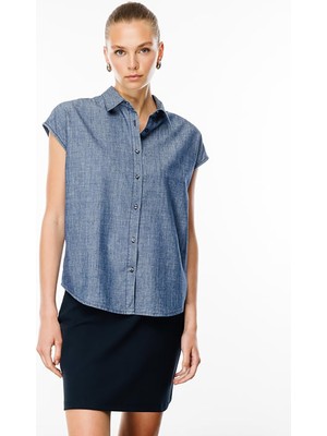 Denim Trip Rahat Fit Orta İndigo Kısa Kollu Kadın Jean Gömlek