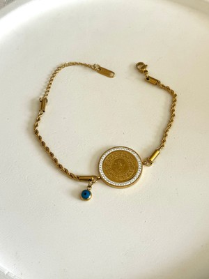 Demokan Kadın Çelik Bileklik Burgu Zincir Nazar Boncuk Çeyrek Taş Çerçeve Detay Kararmaz Bileklik