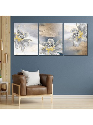 Gaagart 3'lü Kanvas Duvar Tablosu Modern Gri Sarı Çiçekler