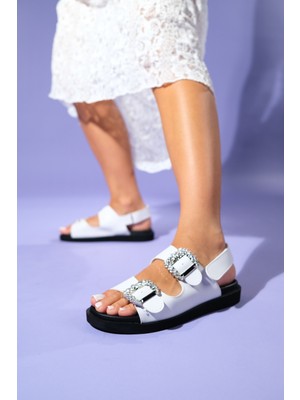 Luvi Olımpa Beyaz Taşlı Cırtlı Kadın Düz Sandalet