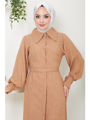 Hafsa Mina Boncuklu Sofia Elbise Camel Hm2476