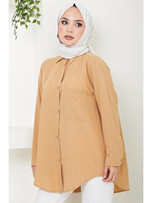 Hafsa Mina  Tek Cepli Oversize Gömlek Camel HM2482