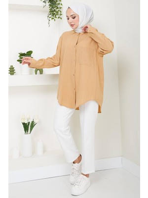 Hafsa Mina  Tek Cepli Oversize Gömlek Camel HM2482