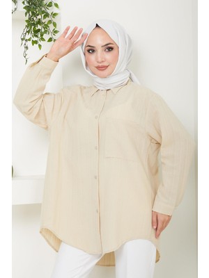 Hafsa Mina  Tek Cepli Oversize Gömlek Bej HM2482