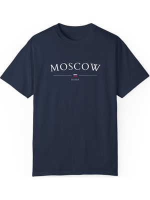 Bs Moda Unisex Moscow Rusya Şehir Baskılı Lacivert Basic T-Shirt