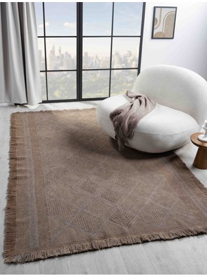 Carpetrium Home Antique Spt Light Brown - Dört Tarafı Saçaklı Pamuklu Yıkanabilir Kilim