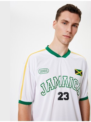 Koton Spor Tişört Oversize V Yaka Slogan Baskılı Kısa Kollu Biyeli