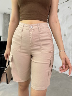 Bikelife Kadın Yüksek Bel Kargo Bermuda Şort Hafif Kumaş Günlük Kullanım