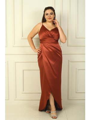 By Saygı Ip Askılı Kruvaze Yaka Beli Pileli Astarlı Saten Uzun Abiye Elbise