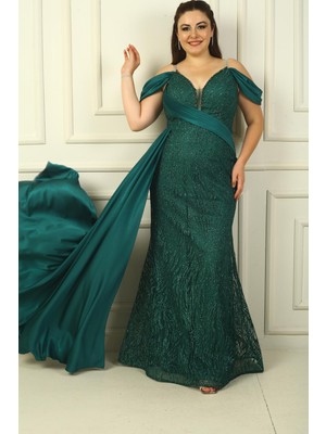 Saygı Giyim Zincir Askılı Ön Arka V Yaka Düşük Kollu Simli Flok Baskılı Astarlı Uzun Balık Elbise