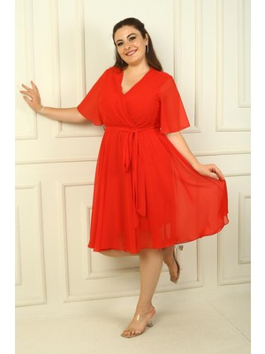 By Saygı Kruvaze Yaka Volan Kollu Astarlı B.b Şifon Elbise