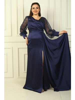 By Saygı Göğsü ve Yakası Boncuk Işlemeli Astarlı Büyük Beden Uzun Saten Abiye Elbise