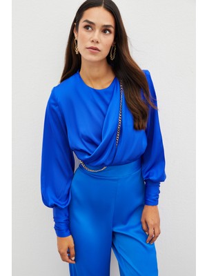 Sateen Ön Zincirli Saten Bluz - Sax Mavi