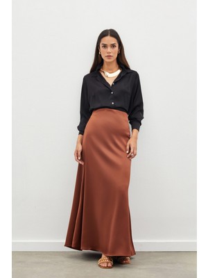 Sateen Uzun Saten Etek - Kahve