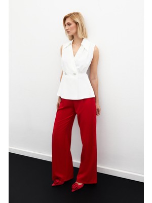 Sateen Taş Aksesuarlı Kolsuz Bluz - Ekru