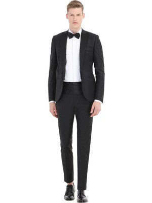 Ramsey Siyah Düz Fashion Slim Fit Kruvaze Yaka Dokuma Smokin Takım Elbise