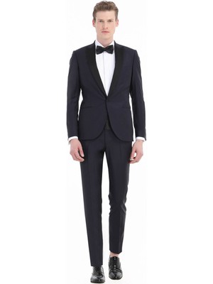 Ramsey Lacivert Düz Fashion Slim Fit Kruvaze Yaka Dokuma Smokin Takım Elbise