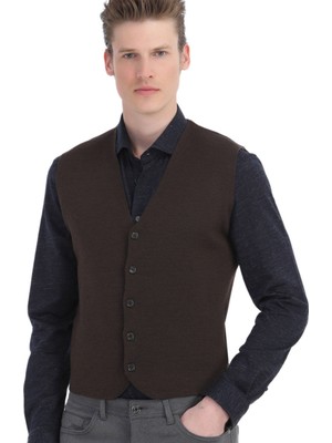 Ramsey Kahverengi Regular Fit V Yaka Casual Örme Triko Yelek
