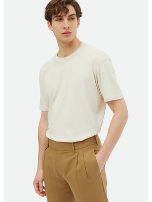 Bej Bisiklet Yaka Düz Örgü Triko