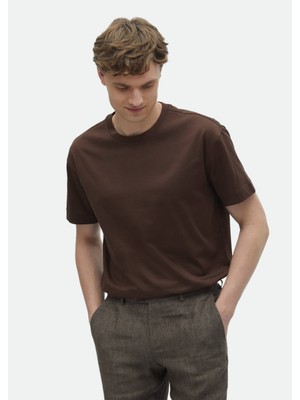 Ramsey Kahverengi Düz Bisiklet Yaka %100 Pamuk T-Shirt