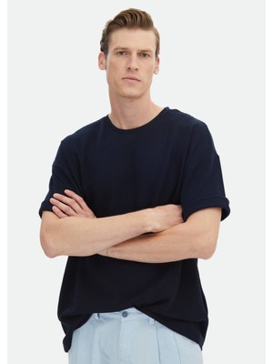 Ramsey Lacivert Jakarlı Bisiklet Yaka %100 Pamuk T-Shirt