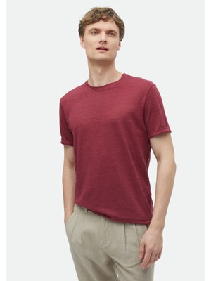 Ramsey Kırmızı Düz Bisiklet Yaka %100 Keten T-Shirt