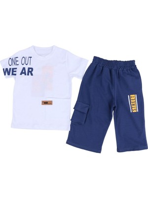 by BebekOdam Erkek Çocuk Beyaz Tişörtlü New Armalı Lacivert Kapri Şortlu 2'li Takım