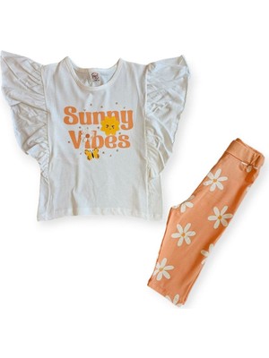 by BebekOdam Kız Çocuk Ekru Turuncu Sunny Vibes Yazılı Çiçek Baskılı Taytlı 2'li Takım
