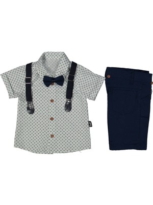 by BebekOdam Erkek Çocuk Beyaz Desenli Gömlekli Lacivert Şortlu Papyonlu Askılı Takım