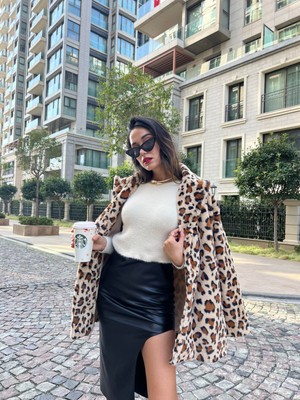 Minaaise Leopar Astarlı Oversize Kürk Kaban 26155