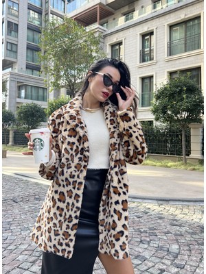 Minaaise Leopar Astarlı Oversize Kürk Kaban 26155