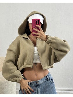 Minaaise Küf Yeşili Şardonlu Fermuarlı Kapşonlu Geniş Kesim Crop Sweatshirt 26254