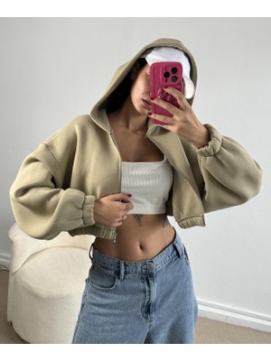 Minaaise Küf Yeşili Şardonlu Fermuarlı Kapşonlu Geniş Kesim Crop Sweatshirt 26254