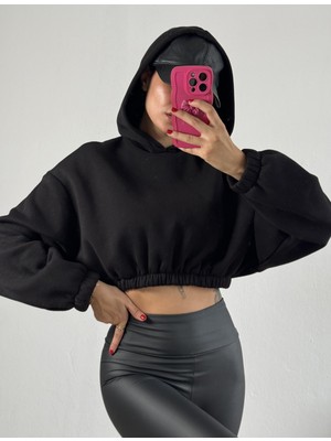 Minaaise Siyah Kapşonlu Geniş Kesim Şardonlu Crop Sweatshirt 26260