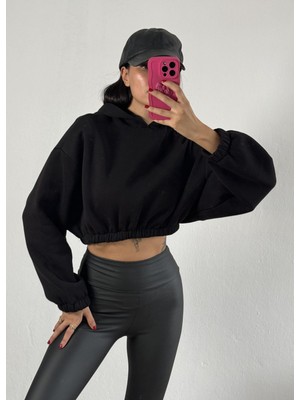 Minaaise Siyah Kapşonlu Geniş Kesim Şardonlu Crop Sweatshirt 26260