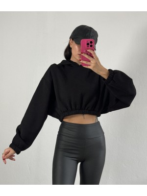 Minaaise Siyah Kapşonlu Geniş Kesim Şardonlu Crop Sweatshirt 26260