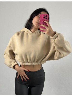 Minaaise Kum Beji Kapşonlu Geniş Kesim Şardonlu Crop Sweatshirt 26260