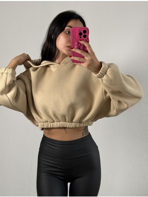 Minaaise Kum Beji Kapşonlu Geniş Kesim Şardonlu Crop Sweatshirt 26260