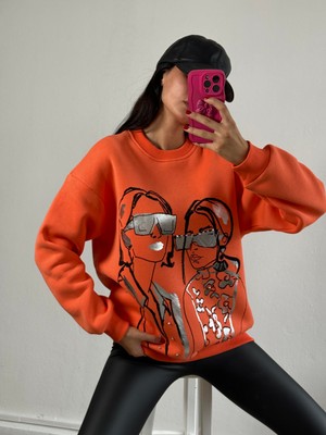 Minaaise Yavru Ağzı Baskılı Taş Işlemeli Şardonlu Oversize Sweatshirt 26228