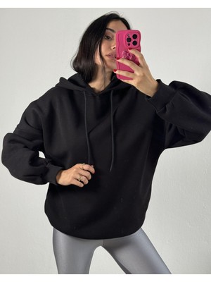 Minaaise Siyah Şardonlu Kapşonlu Oversize Basic Sweatshirt 26259