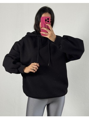 Minaaise Siyah Şardonlu Kapşonlu Oversize Basic Sweatshirt 26259