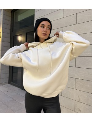 Minaaise Kutup Beyazı Şardonlu Kapşonlu Oversize Basic Sweatshirt 26259