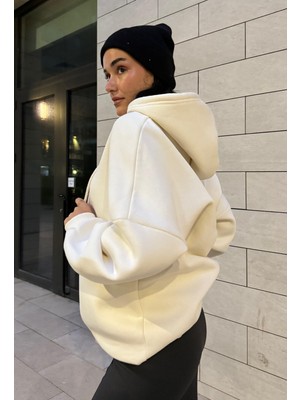 Minaaise Kutup Beyazı Şardonlu Kapşonlu Oversize Basic Sweatshirt 26259