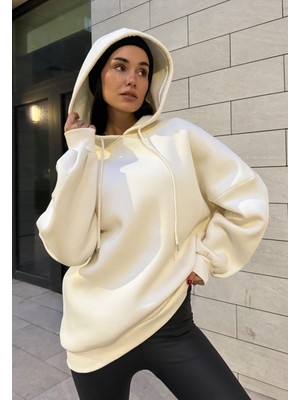 Minaaise Kutup Beyazı Şardonlu Kapşonlu Oversize Basic Sweatshirt 26259