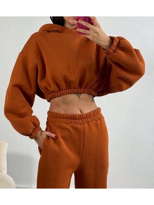 Minaaise Karamel Kapşonlu Geniş Kesim Şardonlu Crop Sweatshirt 26260