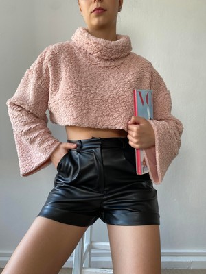 Minaaise Pembe Balıkçı Yaka Crop Oversize Pelüş Sweatshirt 26252