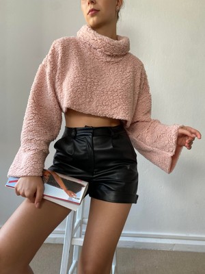 Minaaise Pembe Balıkçı Yaka Crop Oversize Pelüş Sweatshirt 26252