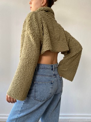 Minaaise Haki Balıkçı Yaka Crop Oversize Pelüş Sweatshirt 26252