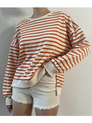 Minaaise Oranj Çizgili Oversize Sweatshirt 26112